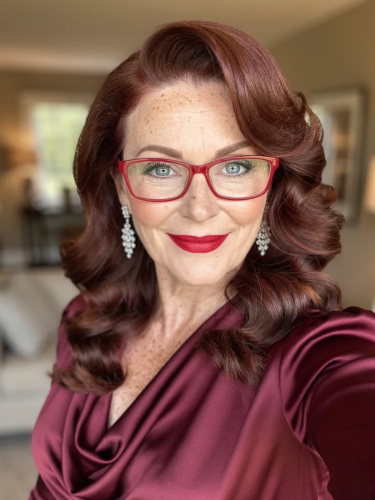 Vintage-Inspired Rich Mahogany Curls with Side-Swept Bangs